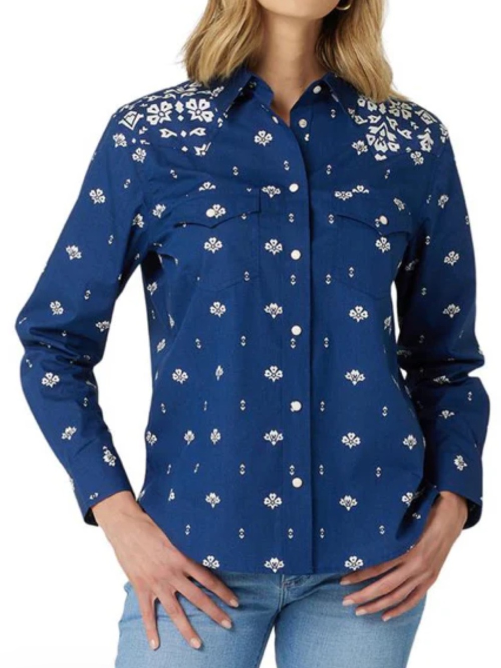 Wrangler Women’s Retro Americana Snap Western Shirt Blue Relaxed Fit Sz S NWT